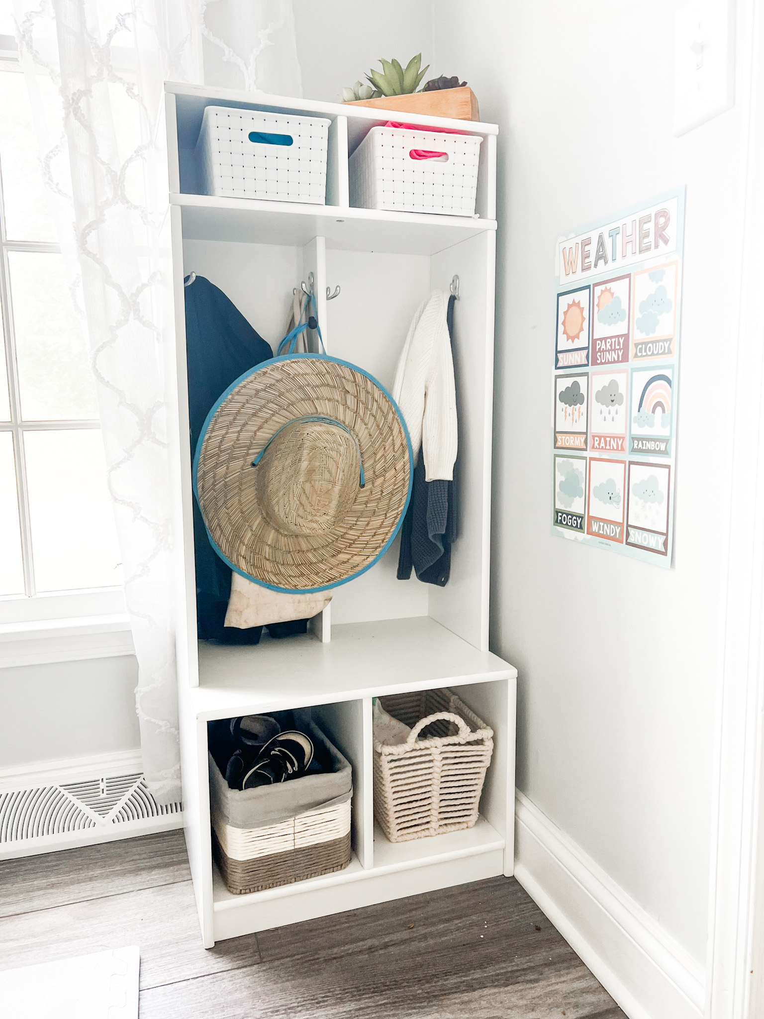 Kids double locker, white to hold shoes, coats & hats. Great for Montessori at home