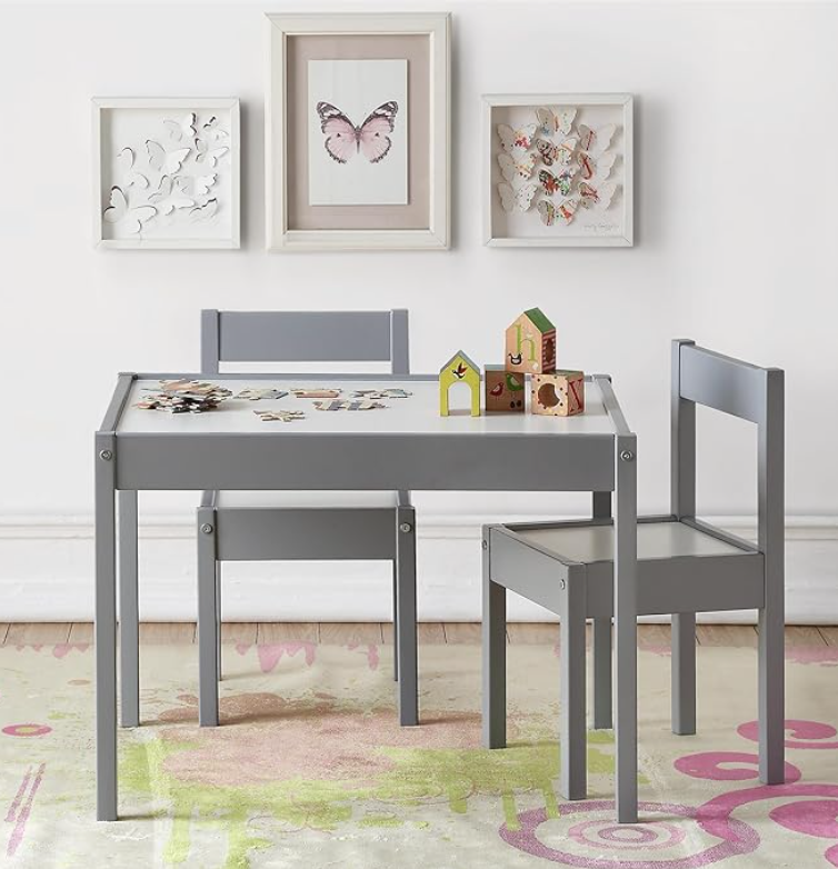 Kids table and chairs, grey, with white tops