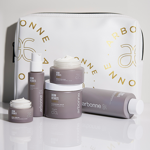 Arbonne DermResults 5 Step Regimen bottles & bag on display