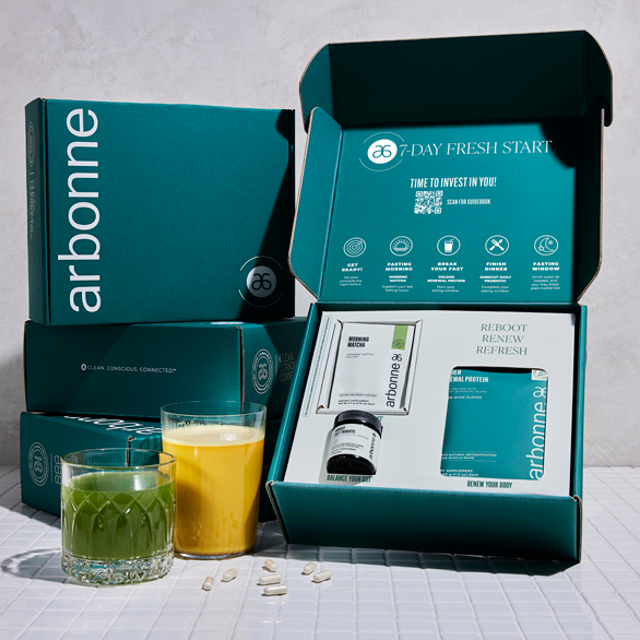 7 Day Refresh program by Arbonne. Turquise packaging, a glass of the golden protein, a glass of the green matcha, Arbonne logo on the box