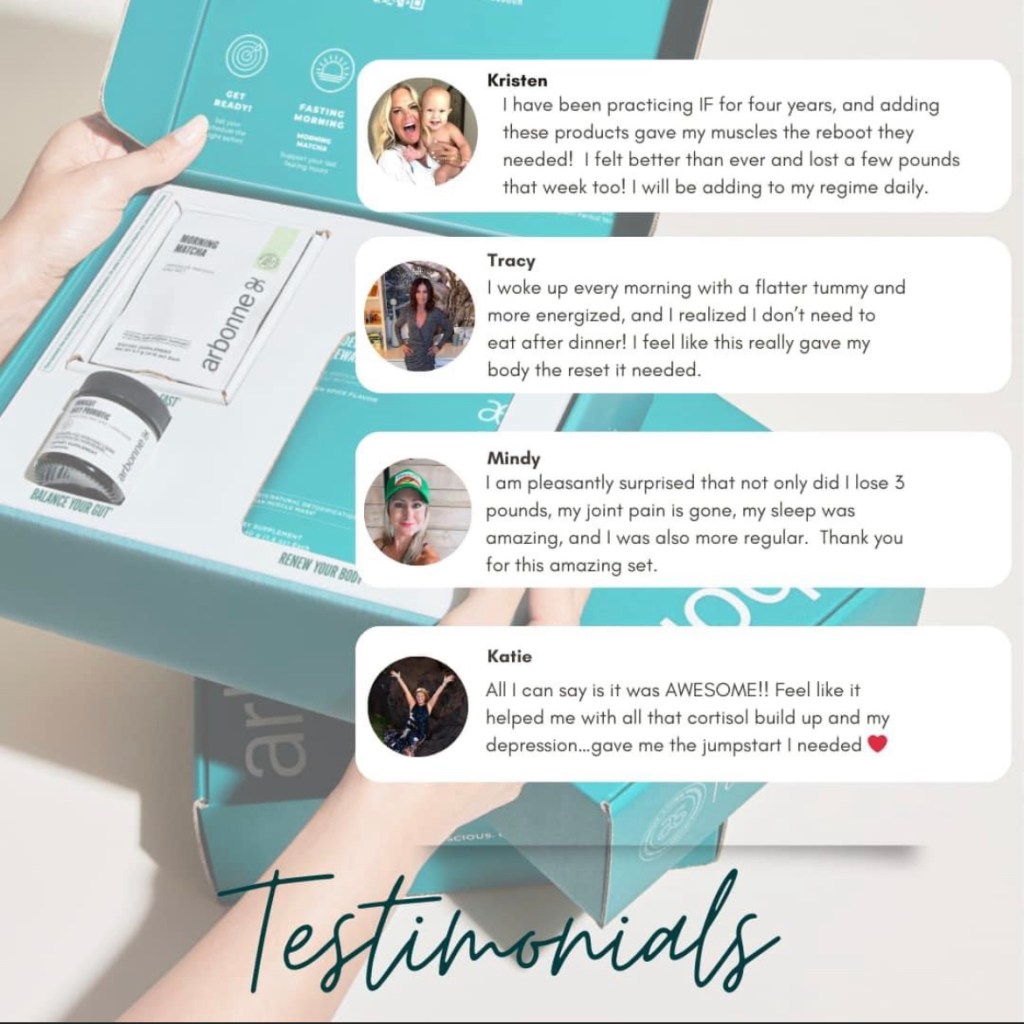 A series of testimonials from 4 people about the benefits and results they got from using Arbonne's 7 Day Refresh program. 

things like "flatter tummy" "More energy" "sleep was amazing" "helped with my depression"