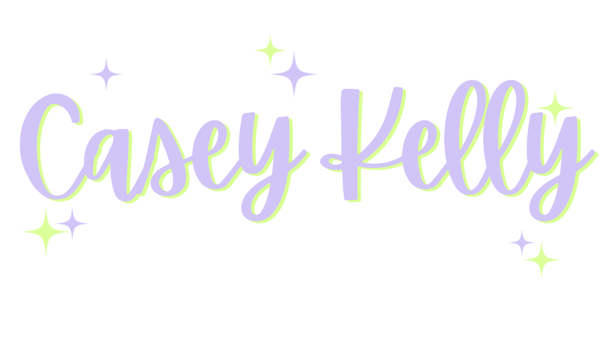 Casey Kelly logo - script font in pale purple and neon yellow shadow