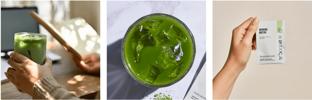 Arbonne's Morning Matcha Tea, 3 images, hand holding glass cup with green tea, overhead shot of green drink in cup, hand holding tea packet