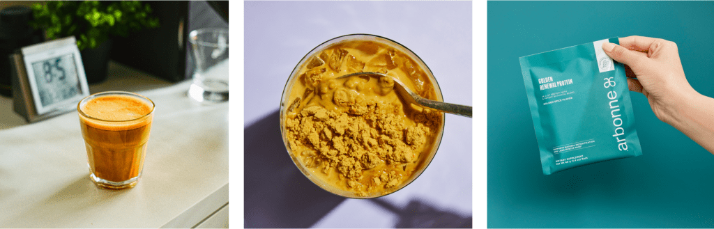 Arbonne's Golden Renewal Protein. 3 Images, small glass on table with golden protein. Overhead shot of protein being mixed in, and green background with hand holding the green package.