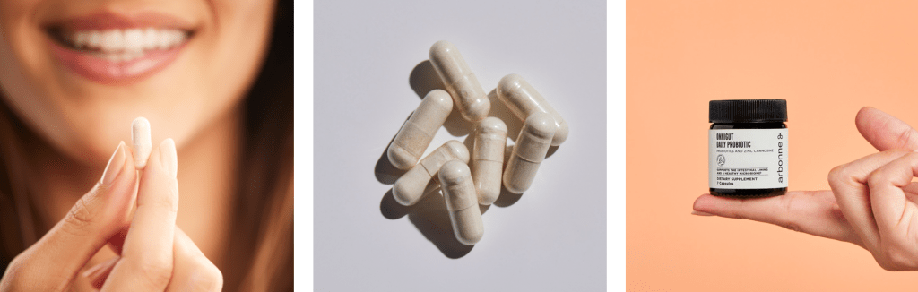 Arbonne's Omnigut Daily Probiotic, three images, woman holding pill infront of her smiling face, you cannot see her eyes. A few pill capsults in a pile on white background. Small bottle being held on index finger with orange background.