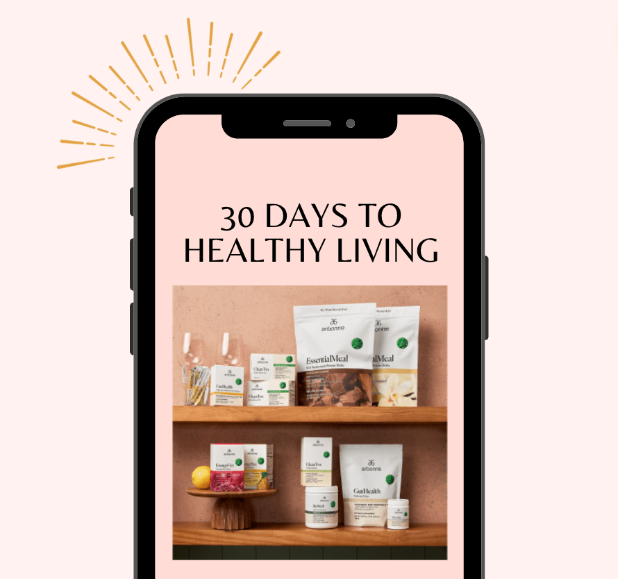 pink background, iphone with "30 days to Healthy Living" and a photo of the products included: protein powder, energy fizz sticks, tea, etc.